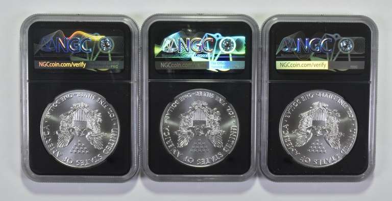 (3) MS70 2021 American Silver Eagle Heraldic T-1 - FDOI - Signed - NGC