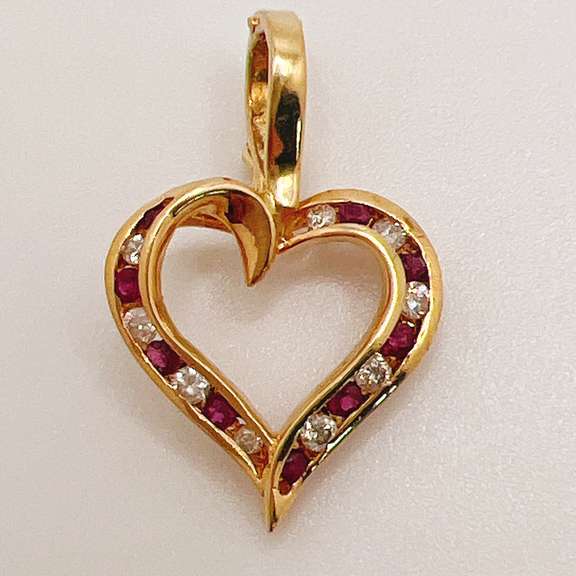 14kt Solid Yellow Gold, Diamond, & Ruby Heart Pendant
