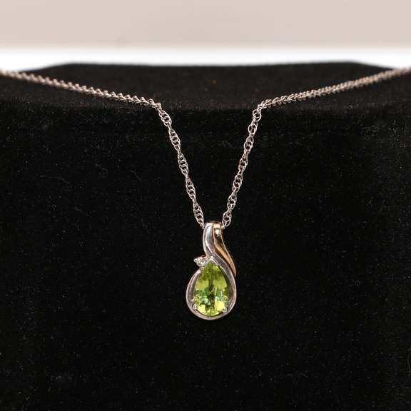 Charming Peridot and Diamond Pendant 14kt and Sterling Silver Necklace