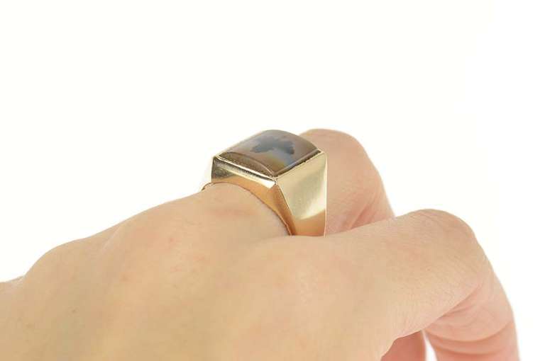 10K Yellow Gold Men's Squared Dendritic Agate Baobab Tree Ring