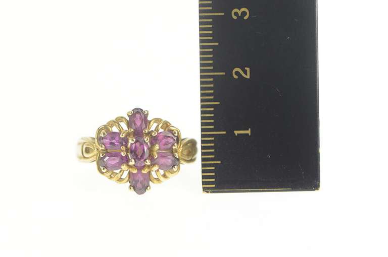 10K Yellow Gold Retro Purple Tourmaline Floral Cluster Cocktail Ring