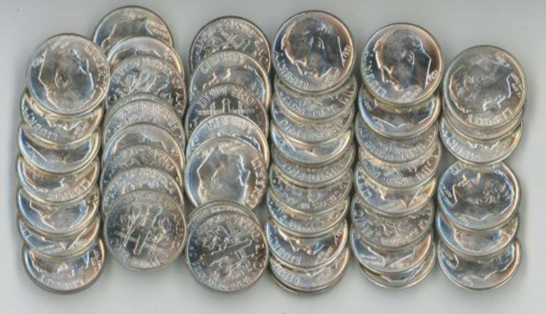 Gem BU original roll of 50 1951 Roosevelt Dimes