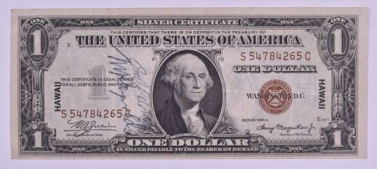1935-A $1 US Silver Certificate - Hawaii Overprint - Short Snorter