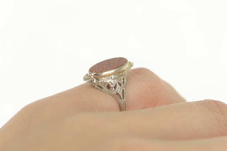 10K White Gold Goldstone Inset Art Deco Filigree Ornate Ring