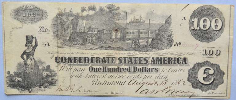 $100 CSA June 25 1862 Straight Steam Note