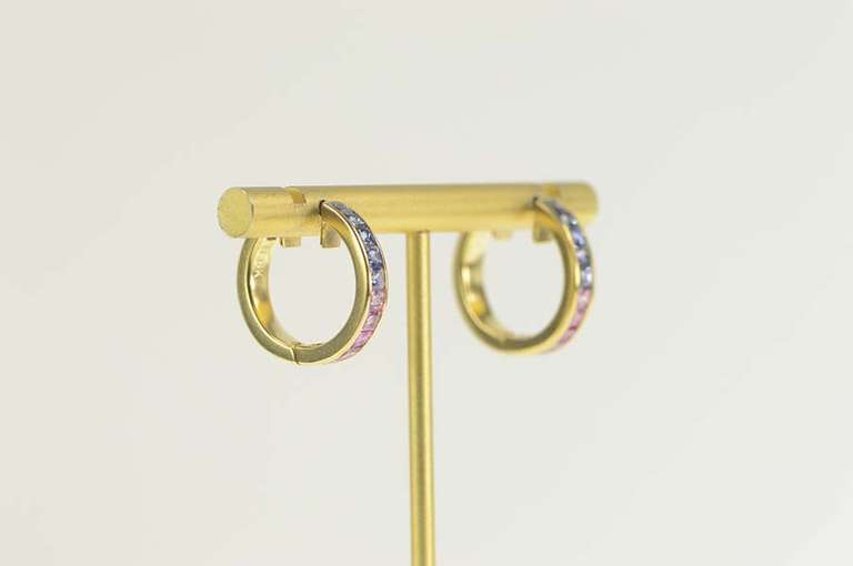 18K Yellow Gold 5.00 Ctw Princess Rainbow Sapphire Hoop Earrings
