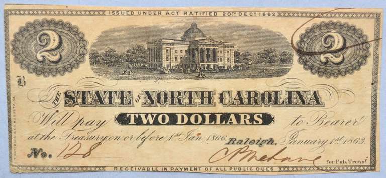 $2 State of North Carolina Raleigh Jan 1 1863 Note