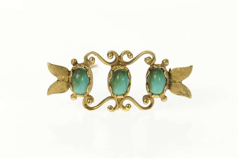 14K Yellow Gold Oval Turquoise Retro Leaf Scroll Bar Pin/Brooch