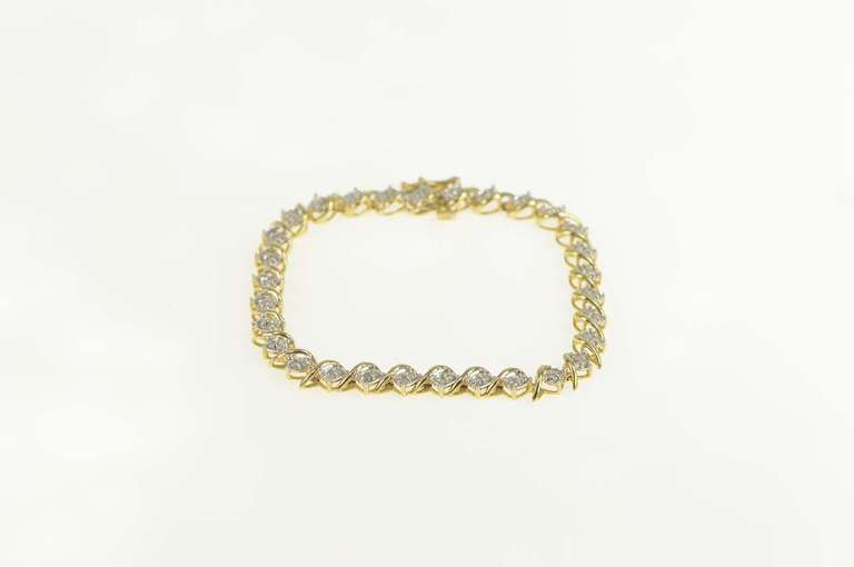 10K Yellow Gold Diamond Cluster Wave Link Classic Tennis Bracelet