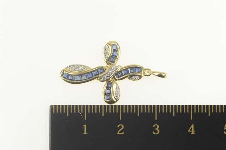 14K Yellow Gold Princess Sapphire Diamond Wavy Cross Pendant