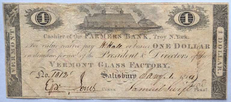 $1 Vermont Glass Factory 1814  Framers Bank Troy New York Branch Note