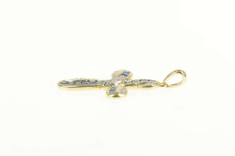 14K Yellow Gold Princess Sapphire Diamond Wavy Cross Pendant