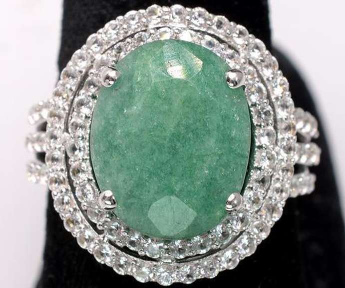 Fabulous, Massive 9.12CTW Emerald Ring & Tiered Sapphire Halo, Sterling