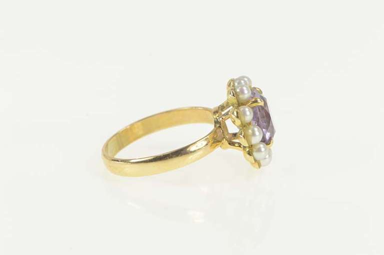 14K Yellow Gold Retro Amethyst Seed Pearl Halo Cocktail Ring