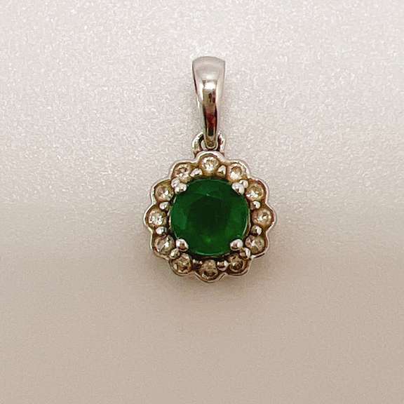 14kt Solid White Gold, Emerald, & Diamond Pendant