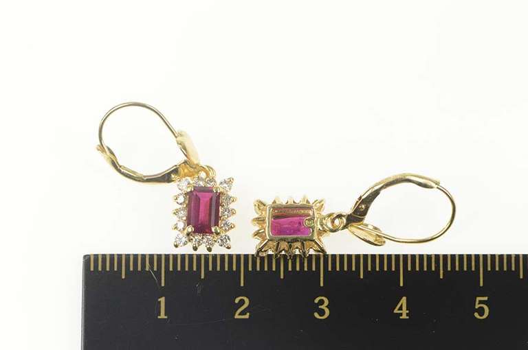 14K Yellow Gold Emerald Syn. Ruby CZ Halo Dangle Earrings