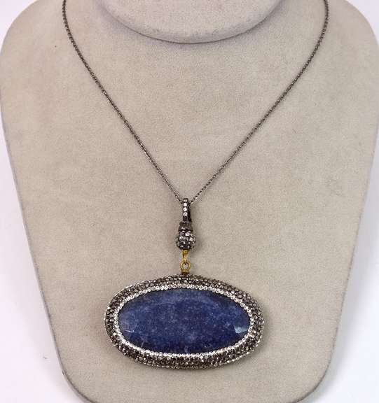 Excellent 78.91CTS Sapphire Pendant With Swarovski Crystal Halo Necklace in Sterling Silver