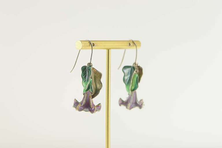 Sterling Silver Purple Blue Bell Enamel Flower Dangle Earrings