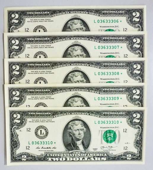 (5) Crisp Exceptional 2013 $2 Star Replacement Notes San Francisco-Consecutive!
