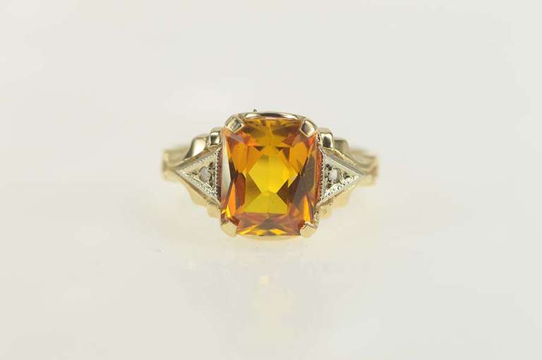10K Yellow Gold Emerald Cut Synthetic Citrine Diamond Ring