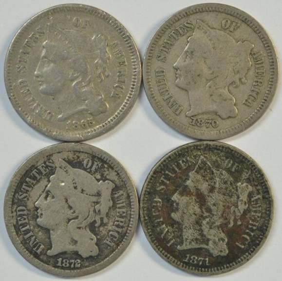 4 Diff. Three-Cent Nickels from 1865, 1870, 1871, & 1872