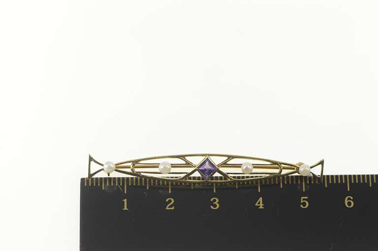 14K Yellow Gold Art Nouveau Princess Amethyst Pearl Bar Pin/Brooch