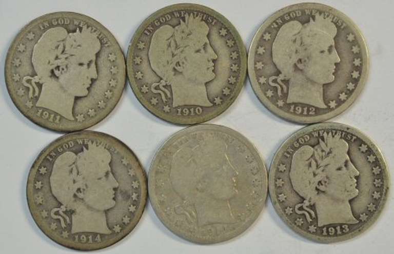 Run of 6 diff. semi-key date Barber Quarters with 1914-S