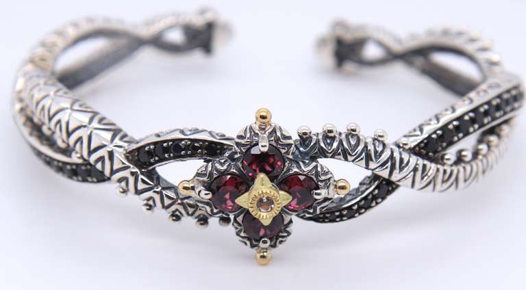 Barbara Bixby Pink Tourmaline Flower Diamond Carved Bangle Bracelet