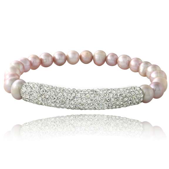 Pink Freshwater Cultured Pearl & Crystal Bar Stretch Bracelet
