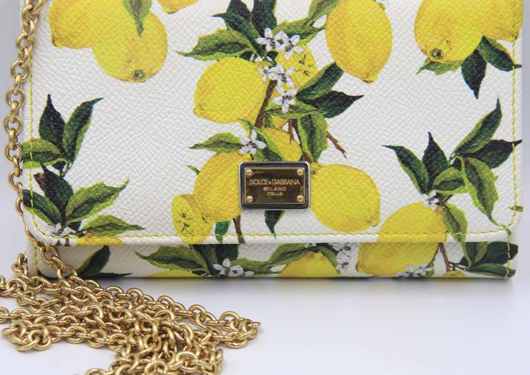 Dolce & Gabbana White and Yellow Lemon Print Dauphine Mini Siily Chain Wallet