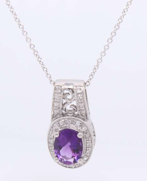 Handsome White Gold Amethyst and Diamond Filagree Pendant on Chain