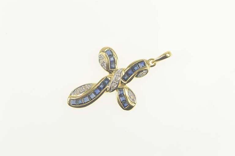 14K Yellow Gold Princess Sapphire Diamond Wavy Cross Pendant