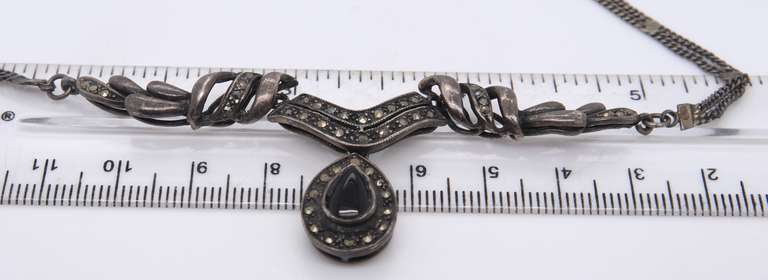 Vintage Sterling Silver Black Onyx and Marcasite Necklace
