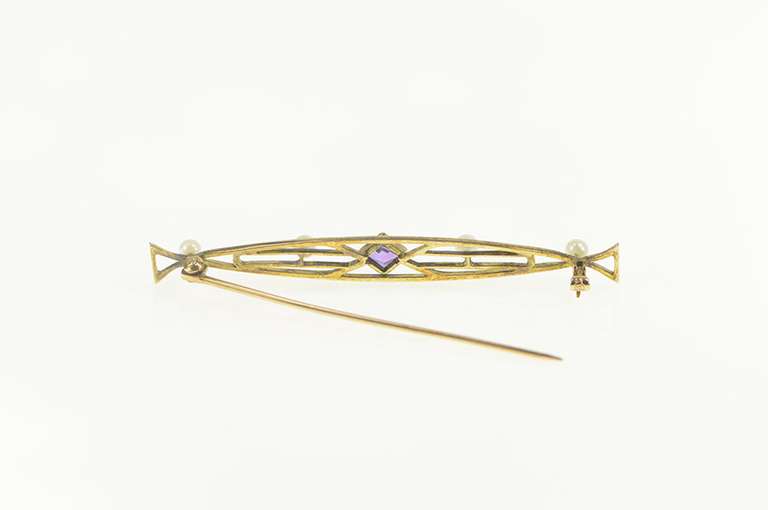 14K Yellow Gold Art Nouveau Princess Amethyst Pearl Bar Pin/Brooch