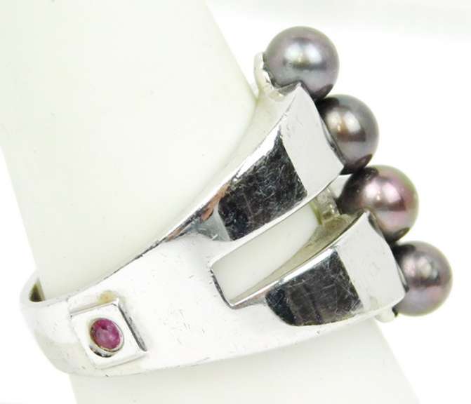 Designer Sterling Peacock Pearls Wide Ring, Size 9