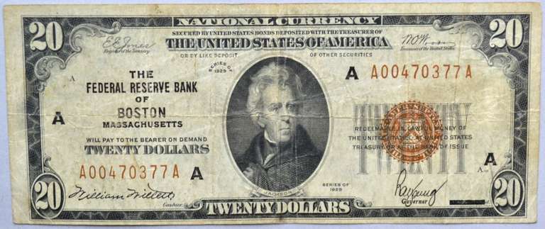 $20 Boston Mass 1929 Series National Currency Note