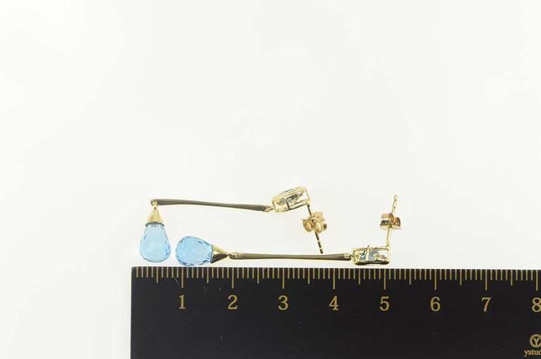 10K Yellow Gold Pear Blue Topaz Faceted Drop Dangle Bar Earrings