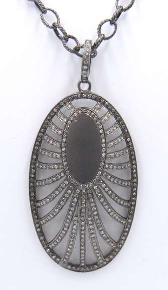 Edgy Oxidized Sterling Silver Openwork Art Deco Style Oval Necklace