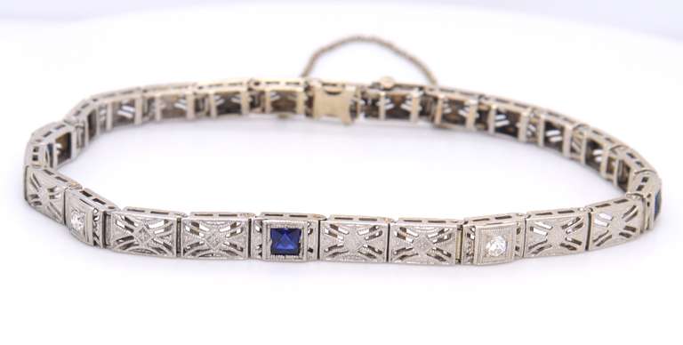 Vintage White Gold Art Deco Blue Sapphire and Diamond Station Bracelet
