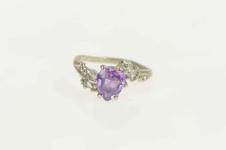 10K White Gold Retro Heart Amethyst CZ Accent Bypass Ring