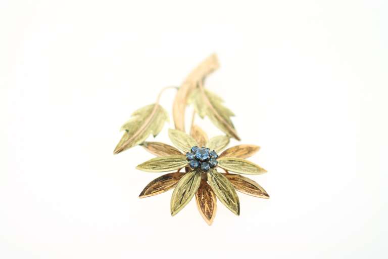 1940's Aquamarine Flower Brooch in 18KT Yellow and Rose Gold