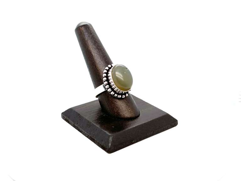 Oval Opalesque Gray Stone In Ornate Tibetan Silver Beaded Ring
