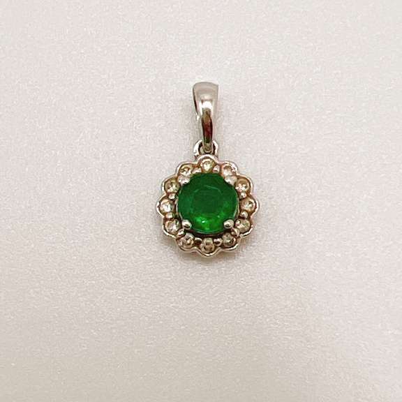 14kt Solid White Gold, Emerald, & Diamond Pendant