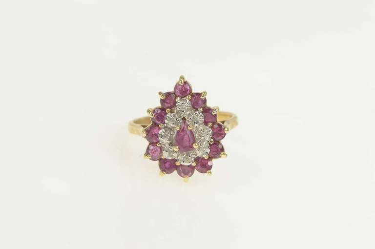 14K Yellow Gold Pear Natural Ruby Diamond Halo Cocktail Ring