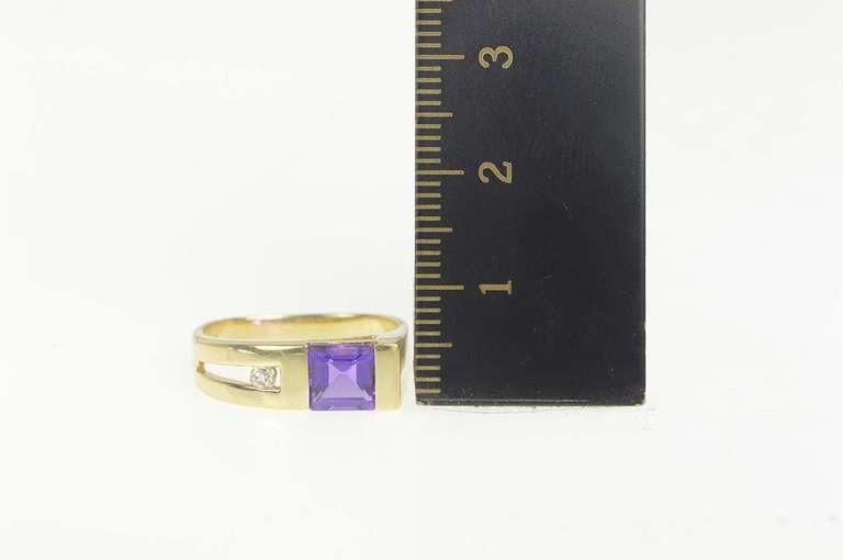 14K Yellow Gold Princess Amethyst Diamond Accent Statement Ring