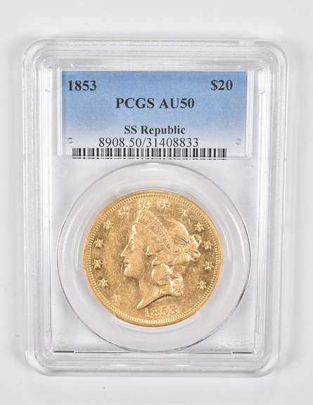 AU50 1853 $20 Liberty Gold Double Eagle PCGS SS Republic Shipwreck