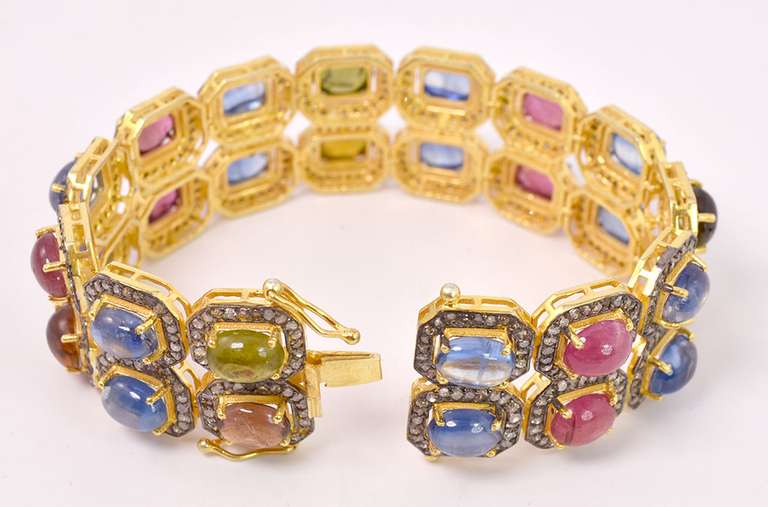 Spectacular 23.25CTW Tourmaline, 32.23CTW Kyanite, & 14.00CTW Diamond Bracelet in Gold Plated Sterling Silver