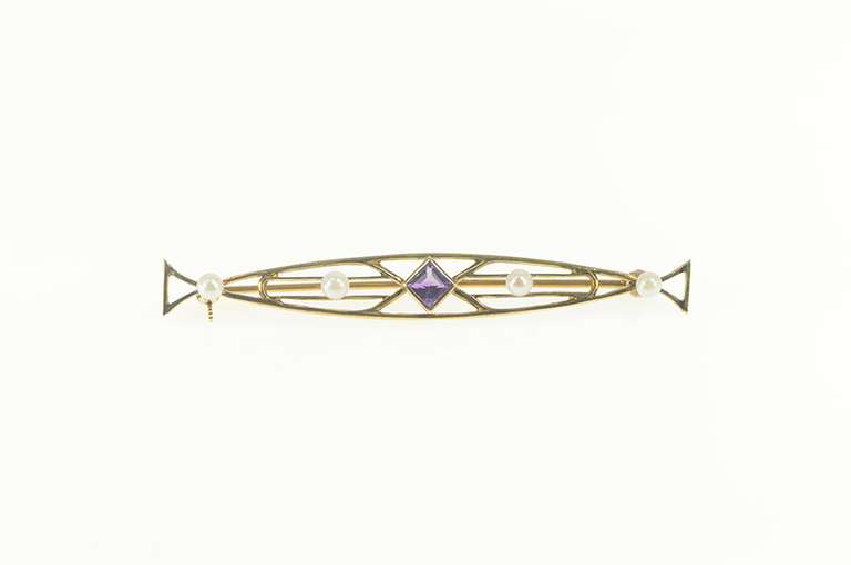 14K Yellow Gold Art Nouveau Princess Amethyst Pearl Bar Pin/Brooch