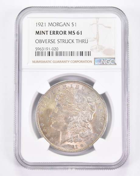 Mint Error MS61 1921 Morgan Silver Dollar OBV Struck Thru Graded NGC