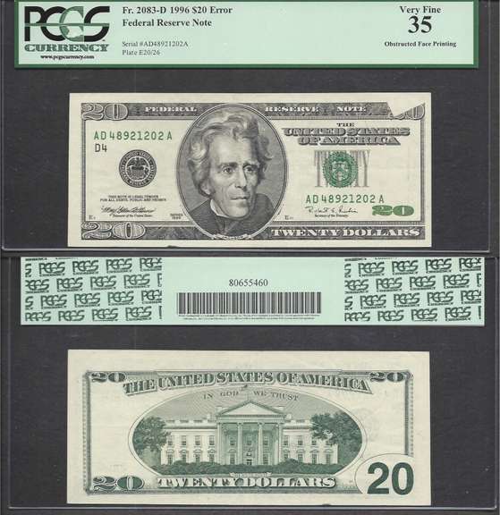 $20 1990 FRN Insufficient Inking Error Face PCGS About New 50PPQ